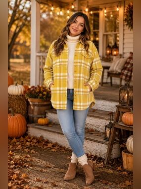 Style Rack Mustard Yellow Plaid Flannel Shacket – Oversized Button Front Jacket